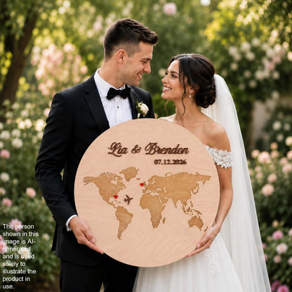 A bride and groom pose together, smiling and holding a wooden sign with a world map and the names 'Lia & Brendan' on it.