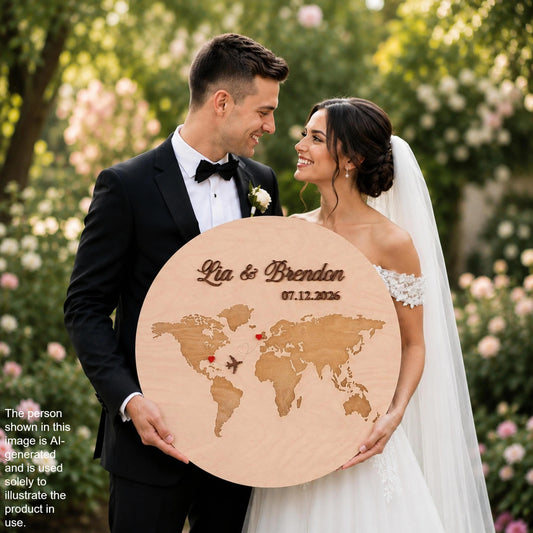 A bride and groom pose together, smiling and holding a wooden sign with a world map and the names 'Lia & Brendan' on it.