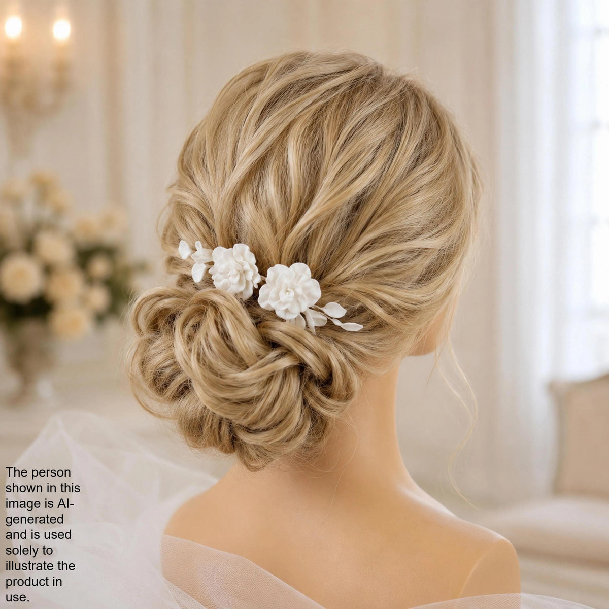 A woman with blonde hair styled in an elegant updo, adorned with white flower hair accessories.