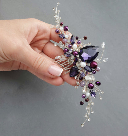 Purple Crystal Wedding Hair Comb: Handmade Violet Bridal Hairpiece