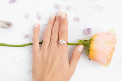 Oval engagement ring, Rainbow stone band, wedding moonstone jewelry, romantic anniversary present