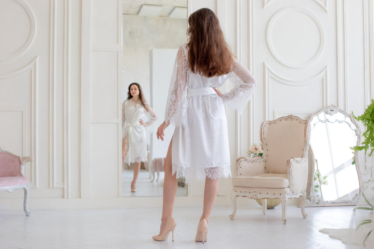 White Satin Bridal Robe, Long Lace Sleeves, Short Wedding Getting Ready Outfit