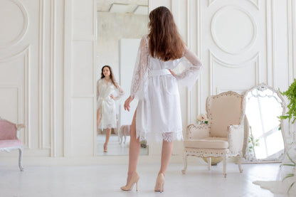 White Satin Bridal Robe, Long Lace Sleeves, Short Wedding Getting Ready Outfit