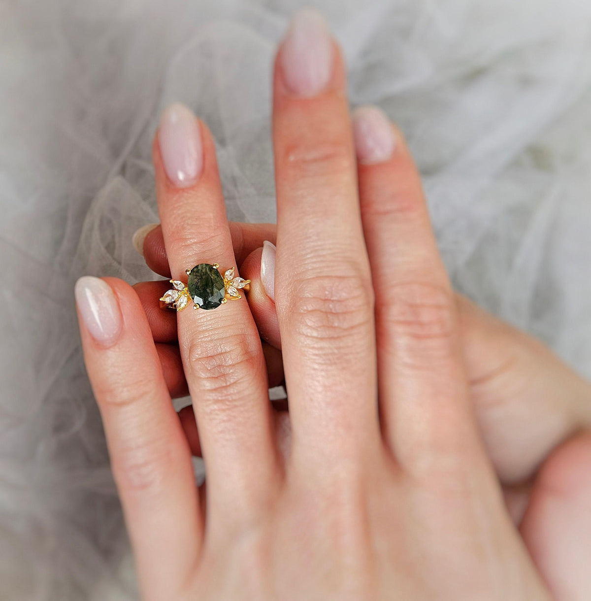 Moss Agate Engagement Ring: Oval Green Gemstone, Gold Plated Sterling Silver