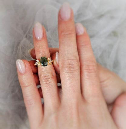 Moss Agate Engagement Ring: Oval Green Gemstone, Gold Plated Sterling Silver