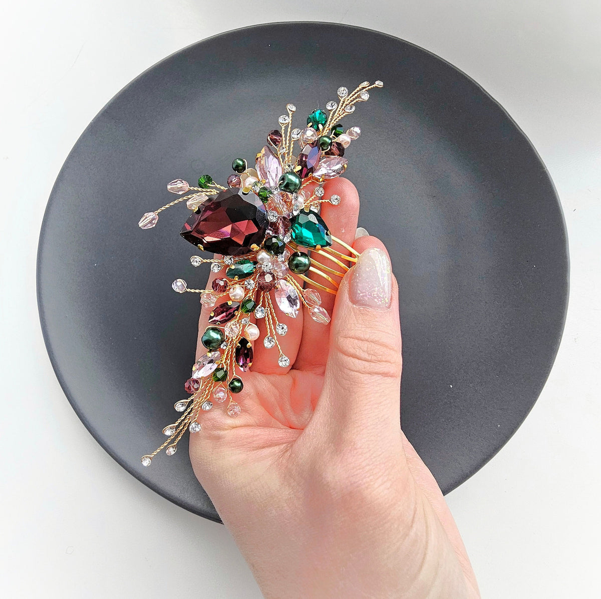 Emerald & Burgundy Crystal Wedding Hair Comb, Bridal Hairpiece, 6 Inch
