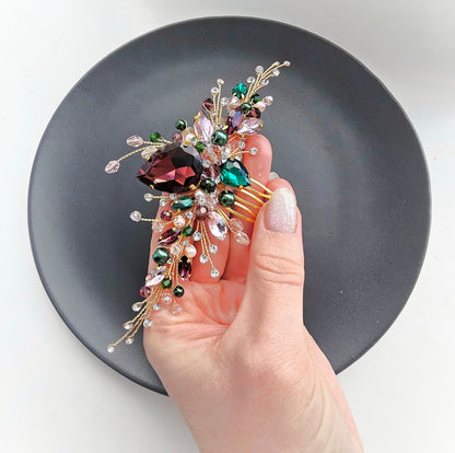 Emerald & Burgundy Crystal Wedding Hair Comb, Bridal Hairpiece, 6 Inch