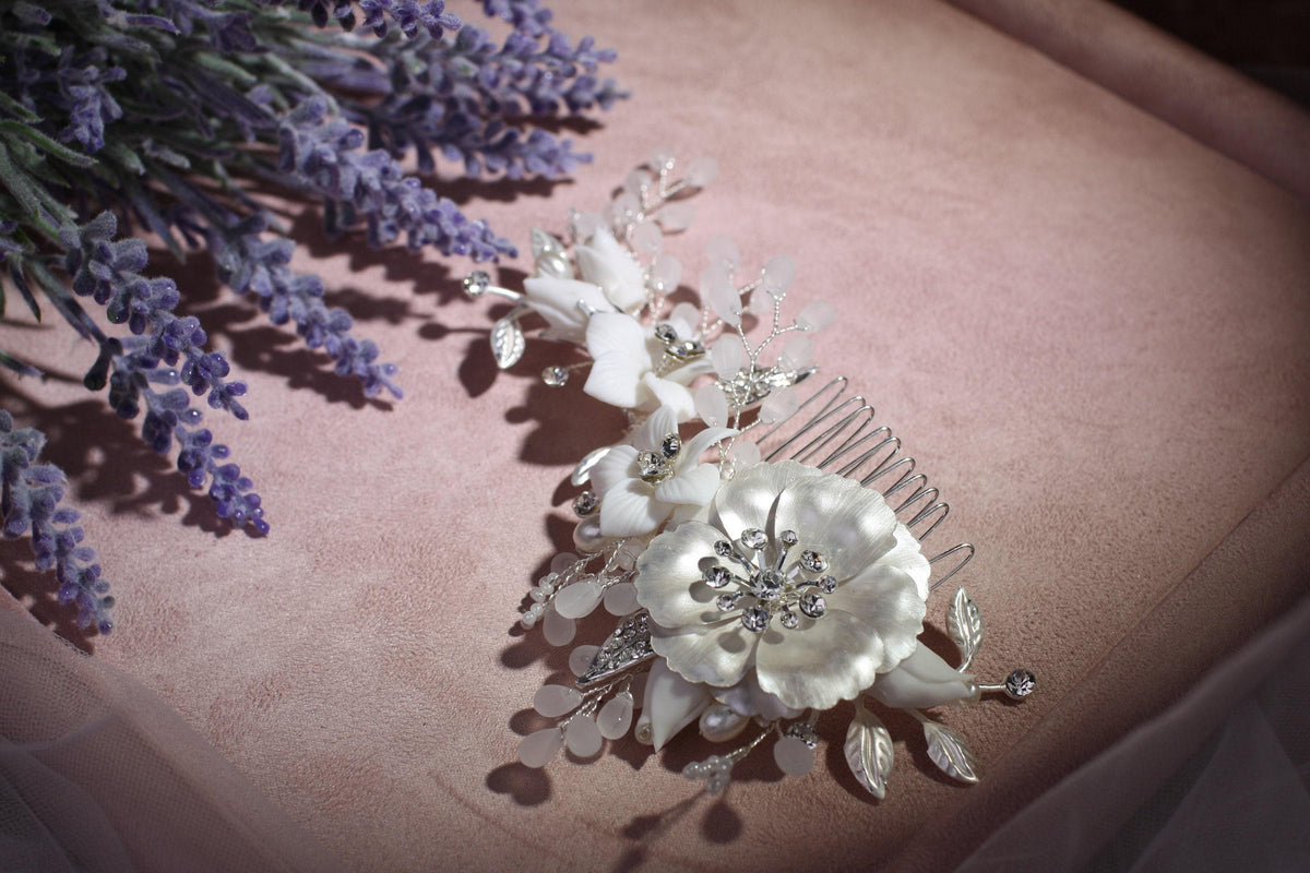 Vintage Style Pearl Flower Bridal Hair Comb, Silver Wedding Hairpiece