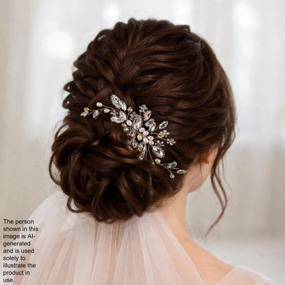 A woman's hair is styled in an elaborate updo, adorned with a decorative hair accessory featuring a floral and crystal embellishment.