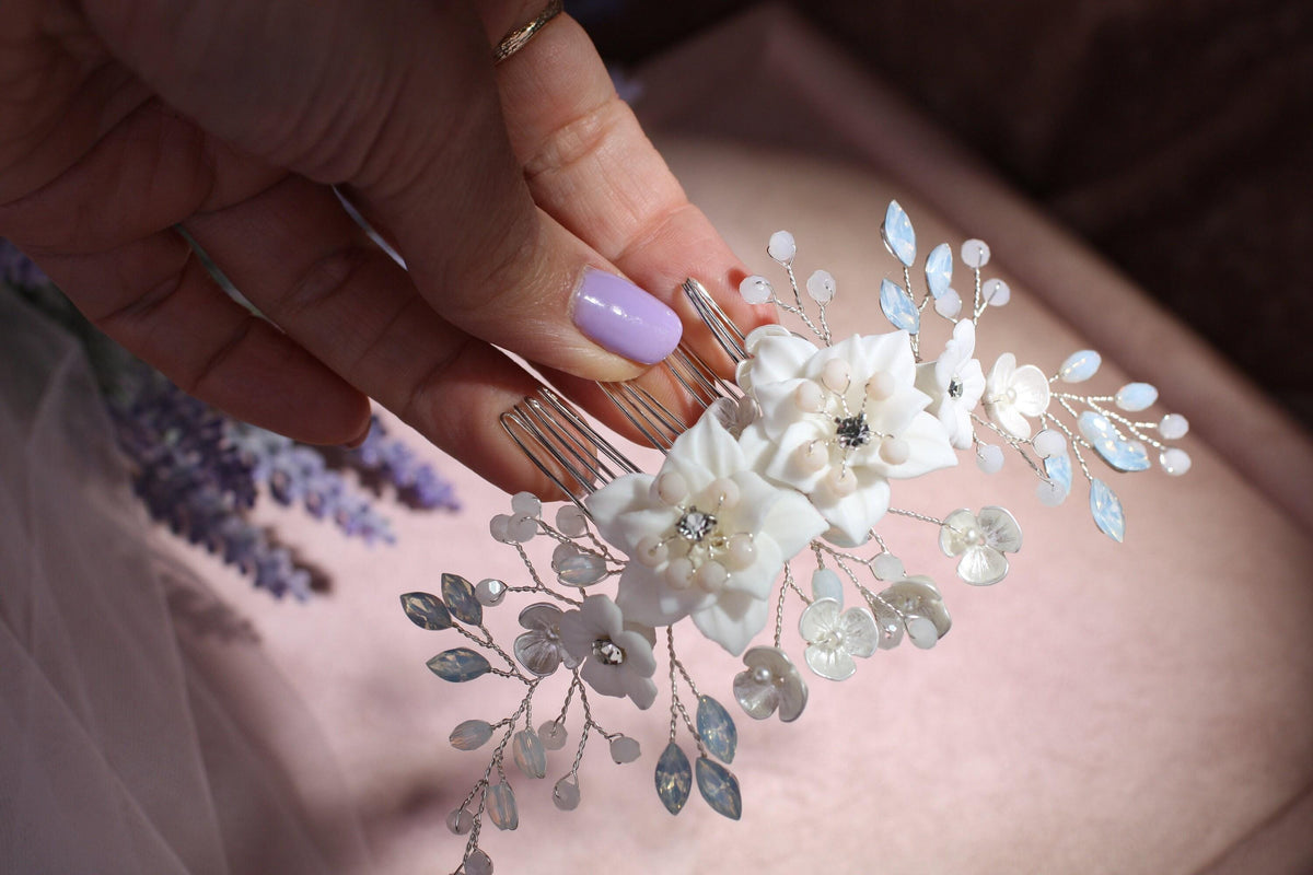 White Floral Bridal Comb, Crystal Porcelain Flower Wedding Hairpiece