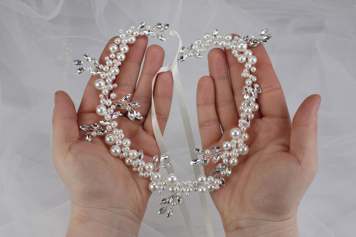 Handmade Pearl Bridal Hair Vine: Silver Floral Wedding Hairpiece