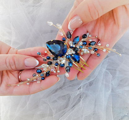 Navy Blue Crystal Bridal Hair Comb, Wedding Hairpiece, 6 Inch