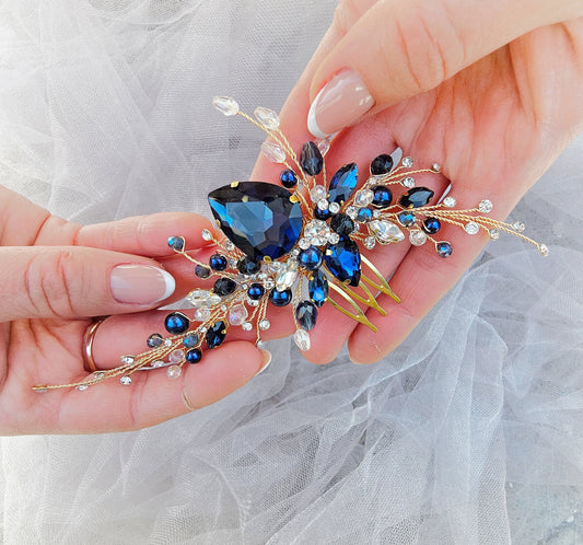 Navy Blue Crystal Bridal Hair Comb, Wedding Hairpiece, 6 Inch
