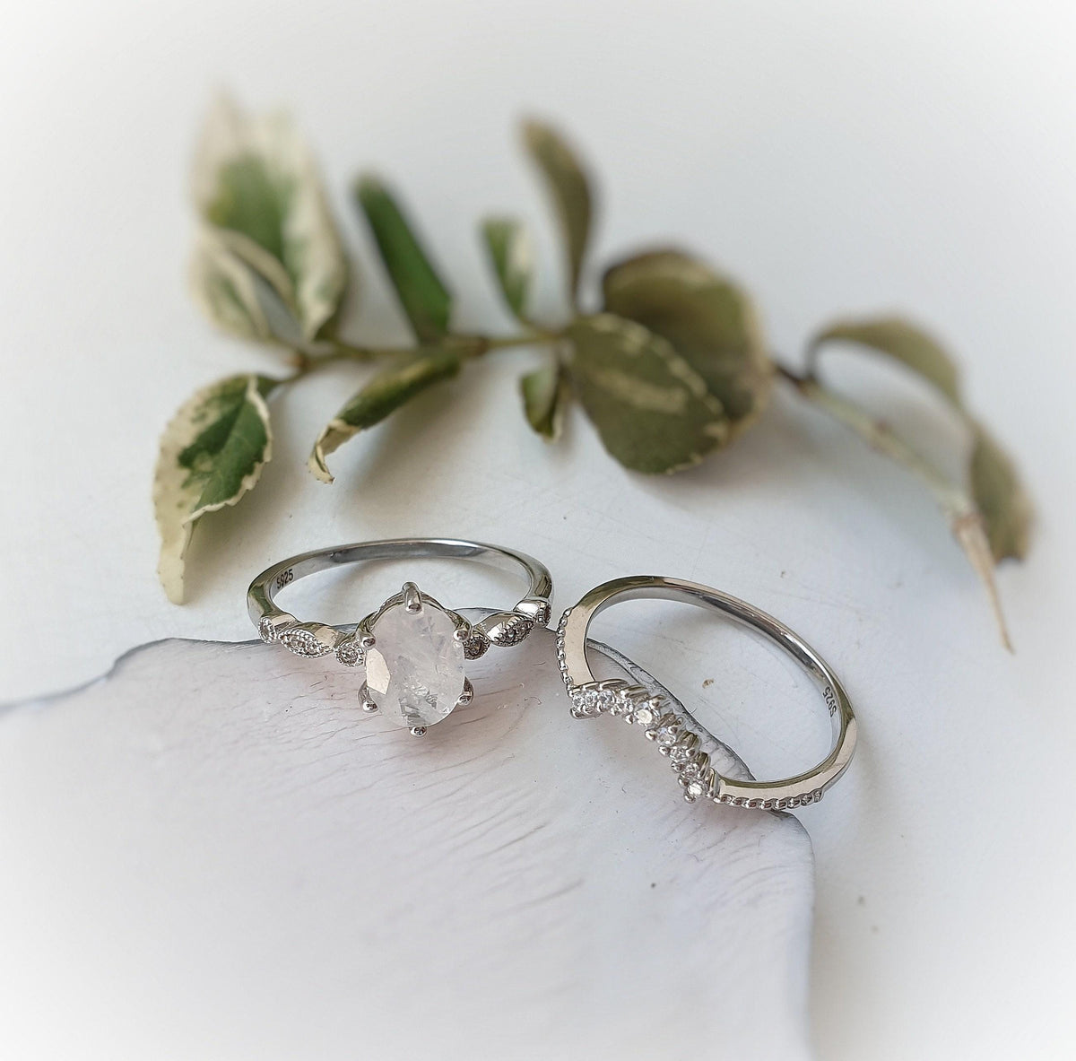 Moonstone Engagement Ring Set: Sterling Silver Rhodium Crown