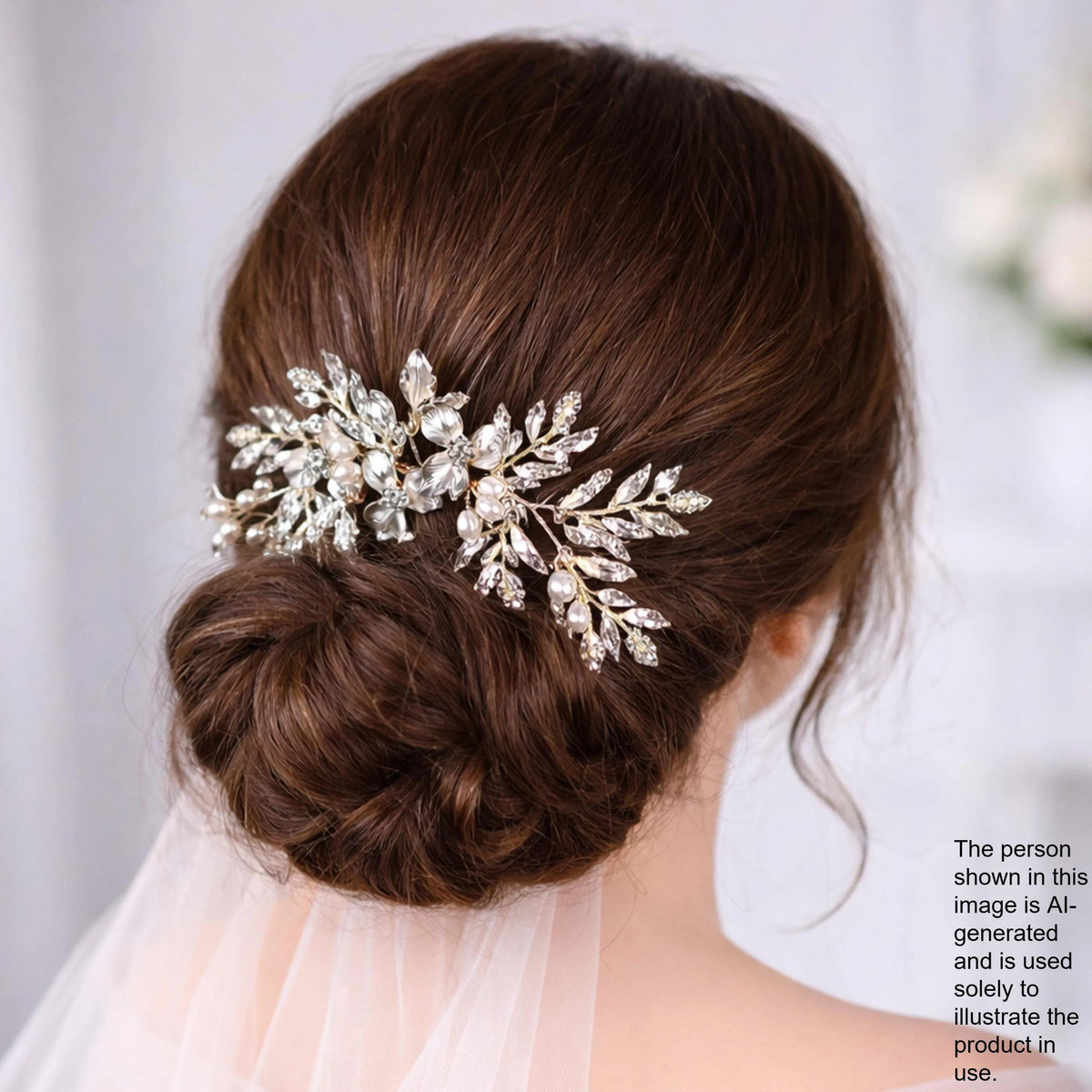 a woman's back view with her hair styled in a bun, adorned with a decorative hair accessory featuring small, sparkling stones.