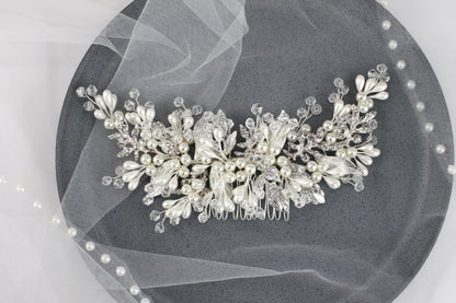 Pearl Floral Bridal Comb, Crystal Wedding Hair Piece, 6 Inch