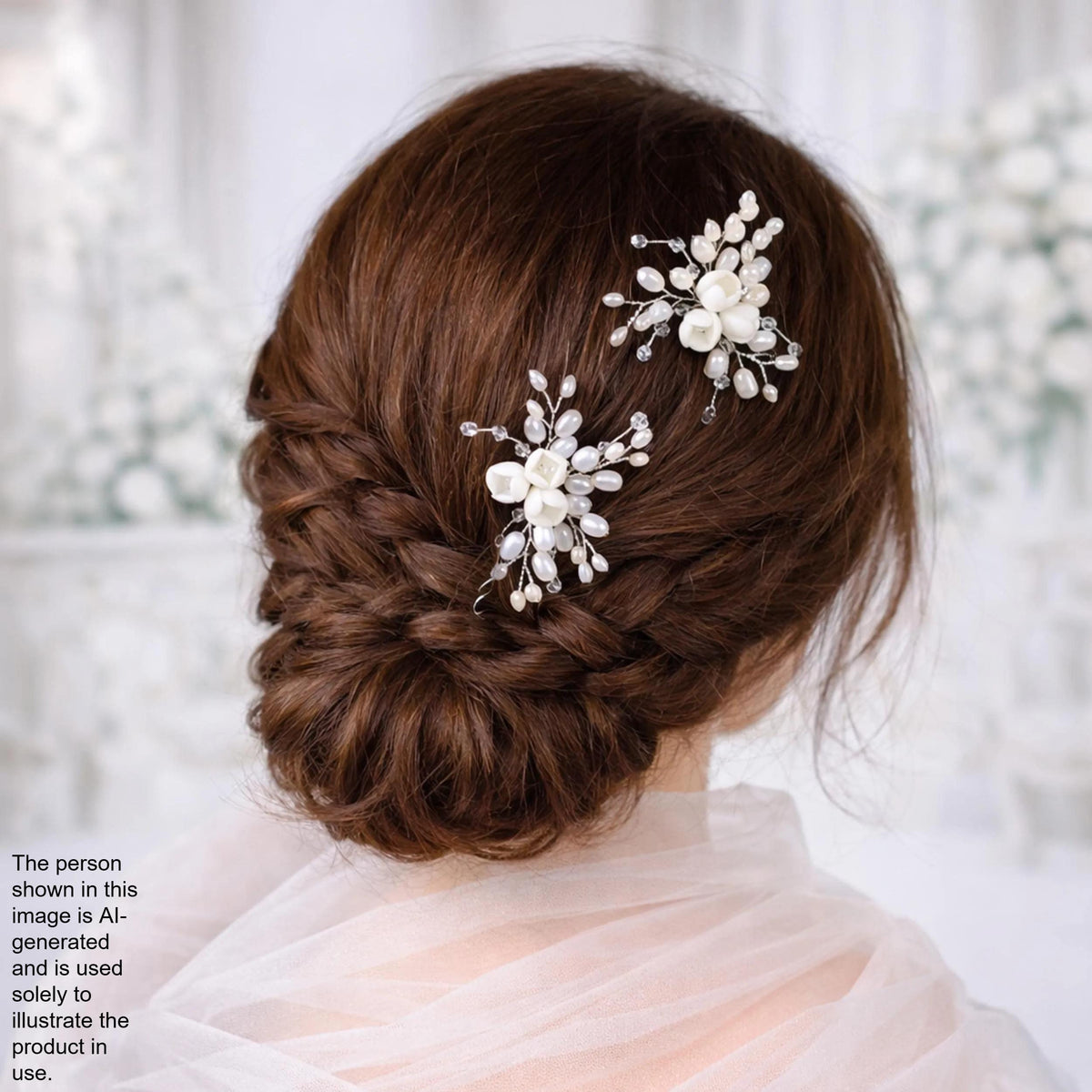 a woman's back view with her hair styled in a bun, adorned with two decorative hair clips featuring white flowers.