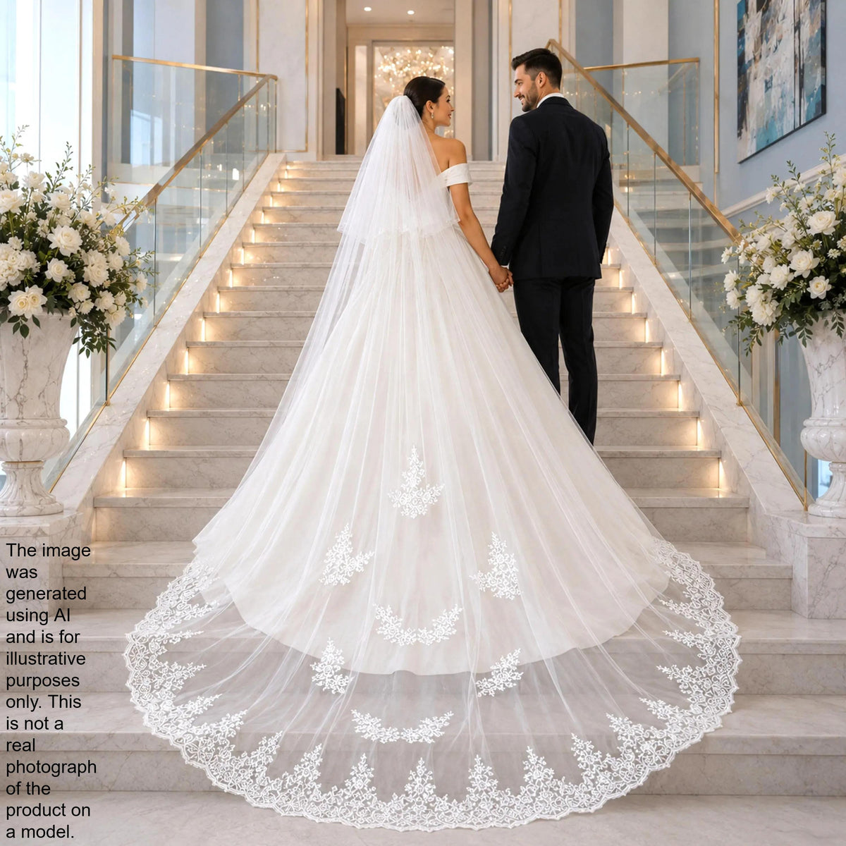 A bride and groom standing on a staircase, with the bride wearing a long white wedding dress and veil, and the groom wearing a dark suit.
