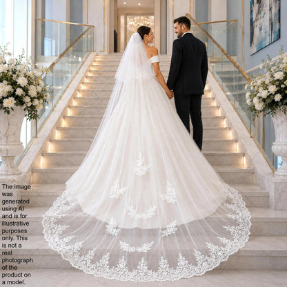 A bride and groom standing on a staircase, with the bride wearing a long white wedding dress and veil, and the groom wearing a dark suit.