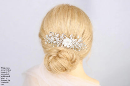 A close-up of a woman's blonde hair with a decorative hair accessory featuring white flowers and crystals.