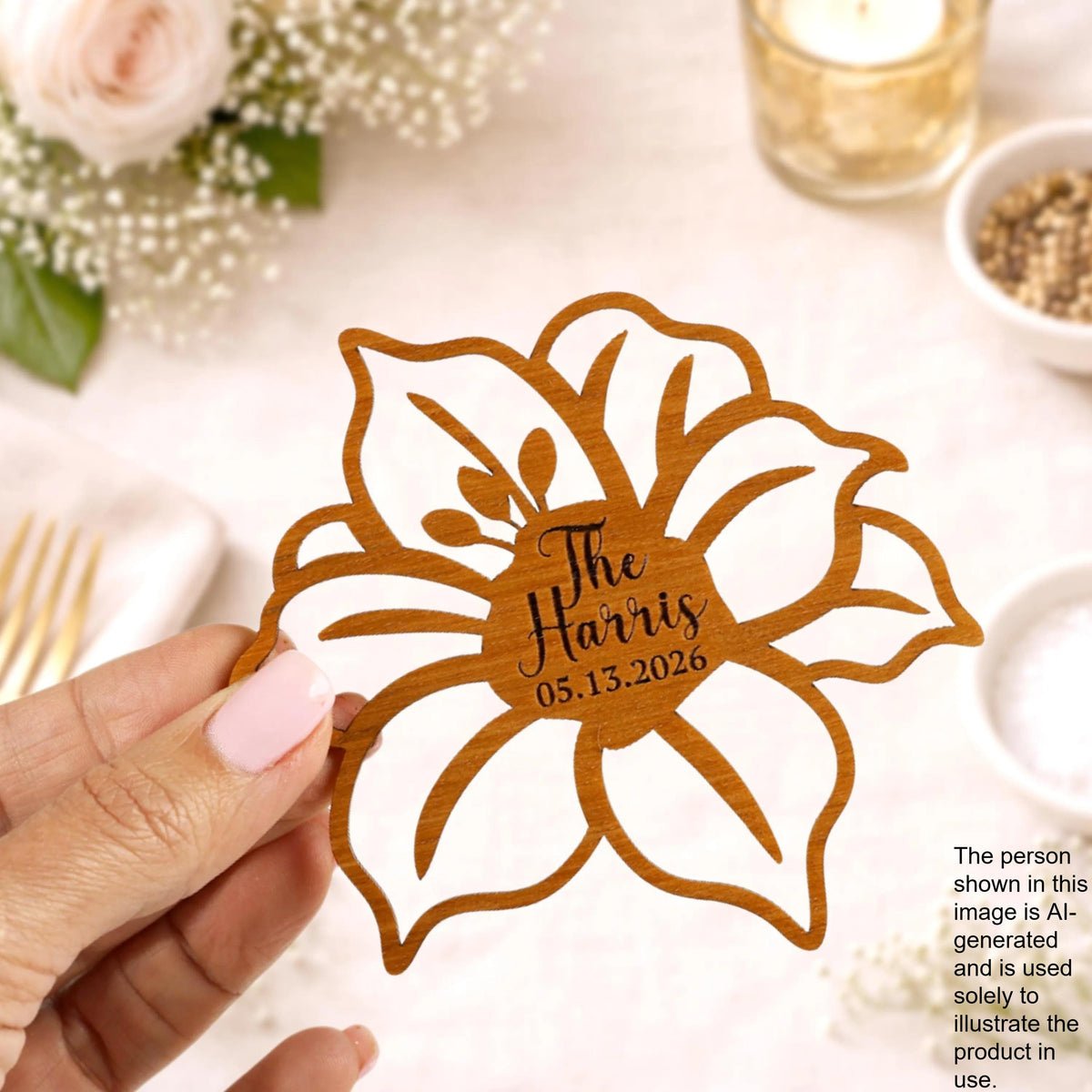 A hand holding a wooden flower-shaped card with the name 'The Harris' and the date '05.15.2026' printed on it.