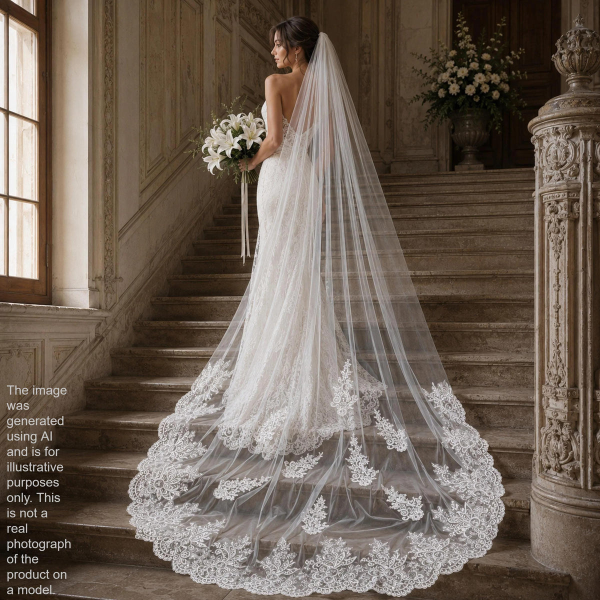 A bride in a long white lace dress with a long veil stands on a staircase, holding a bouquet of flowers.