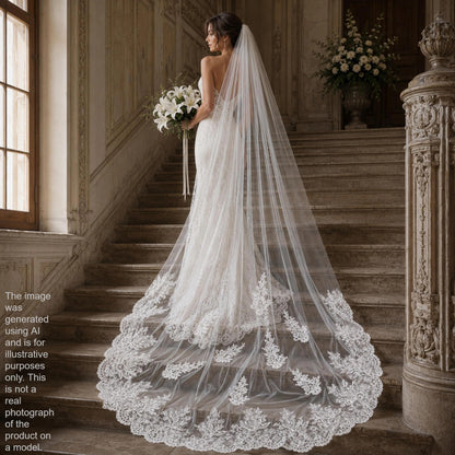 A bride in a long white lace dress with a long veil stands on a staircase, holding a bouquet of flowers.