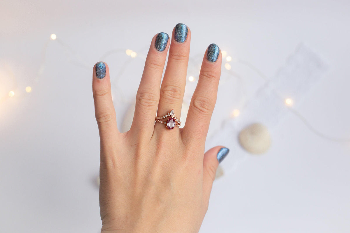 Oval Alexandrite Engagement Ring Set: Rose Gold Sterling Silver Bridal Jewelry