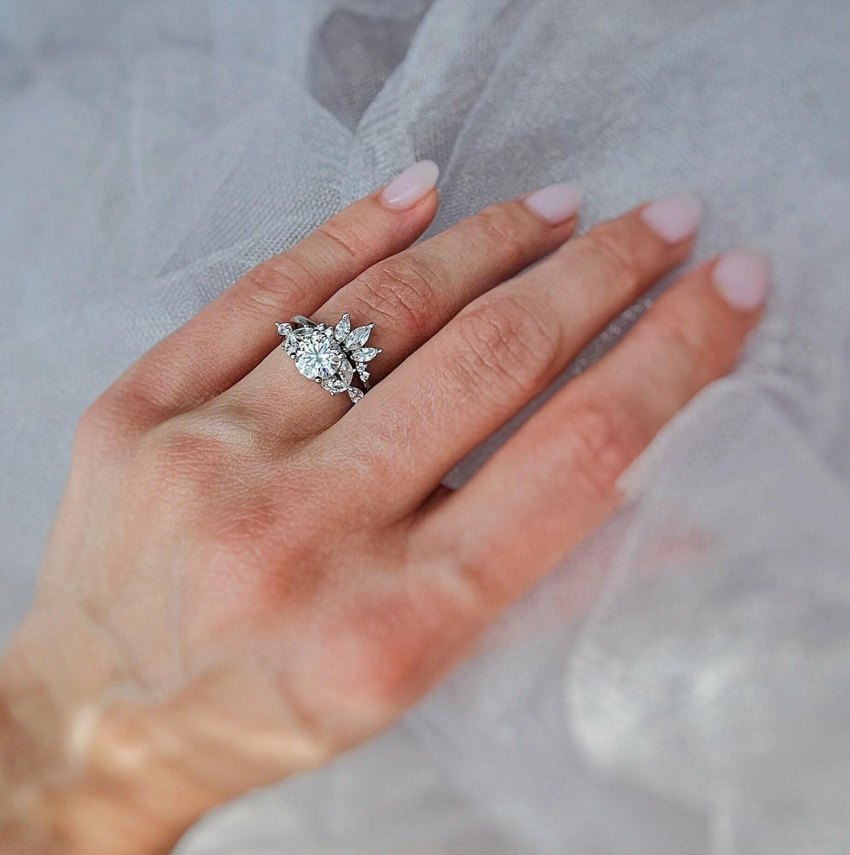 Moissanite Engagement Ring Set: Marquise Crown, Rhodium Plated Silver