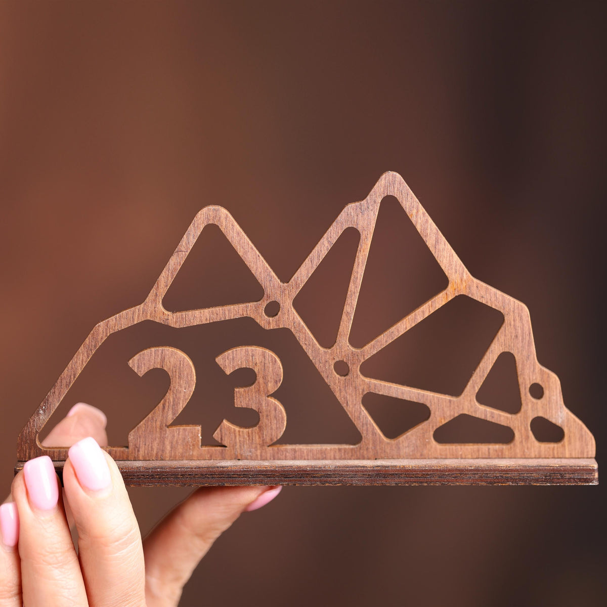 A wooden object with the number 23 carved into it, held in someone's hand against a blurred background.