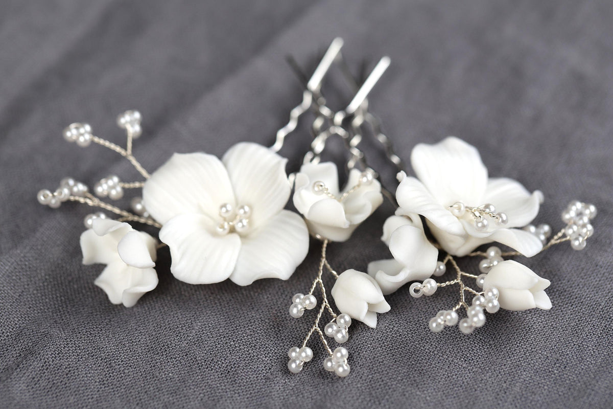 Porcelain Flower Hair Pins Set of 3, Bridal Wedding Hair Accessories, Floral Updo Pins