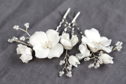 Porcelain Flower Hair Pins Set of 3, Bridal Wedding Hair Accessories, Floral Updo Pins