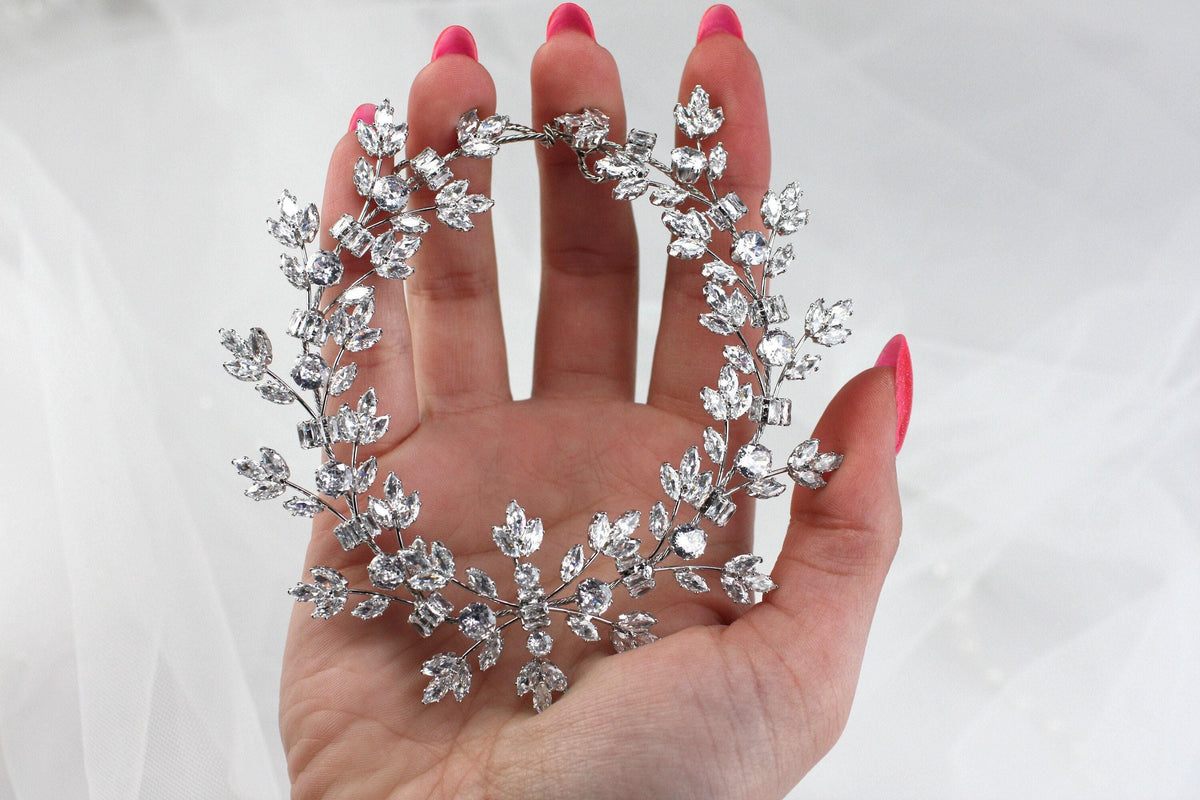 Handmade Crystal Bridal Hair Vine: Silver Floral Wedding Headpiece
