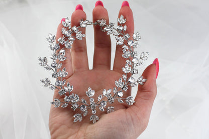 Handmade Crystal Bridal Hair Vine: Silver Floral Wedding Headpiece