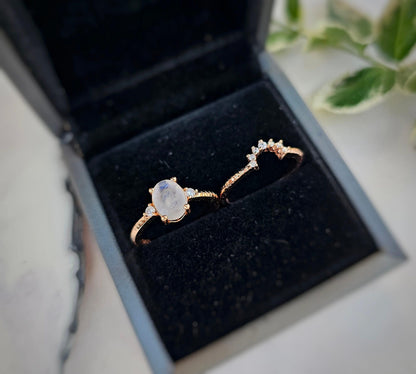 Rainbow Moonstone Engagement Ring Set: Rose Gold Plated Sterling Silver