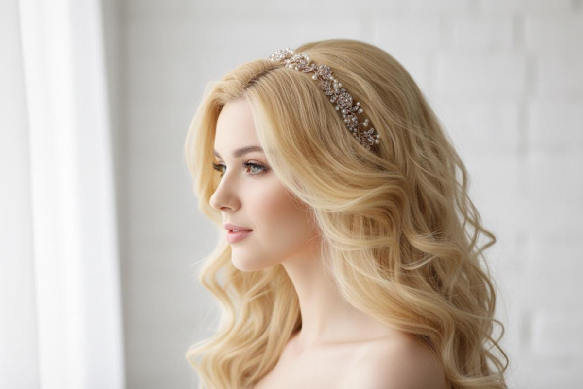 Bridal Pearl and Crystal Head Wreath: Wedding Hair Vine with Ribbon Tie