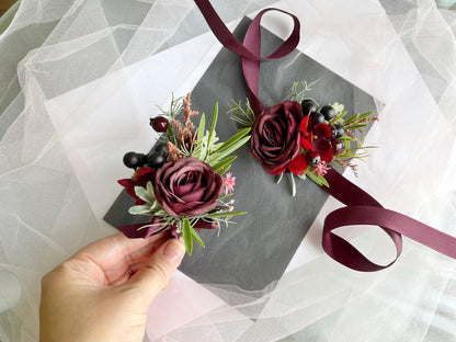 Wine Rose Grooms Boutonniere: Handmade Wedding Corsage