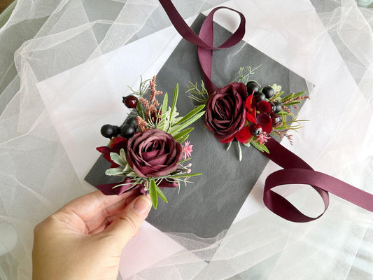 Wine Rose Grooms Boutonniere: Handmade Wedding Corsage