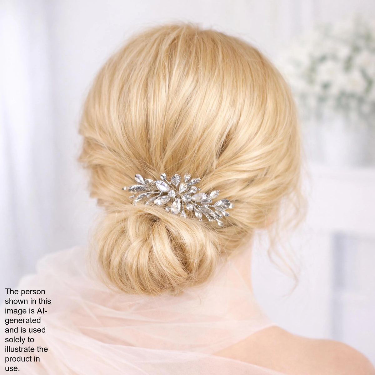 a close-up view of a woman's blonde hair with a decorative hair accessory, possibly a hair clip or brooch, on the back of her head.