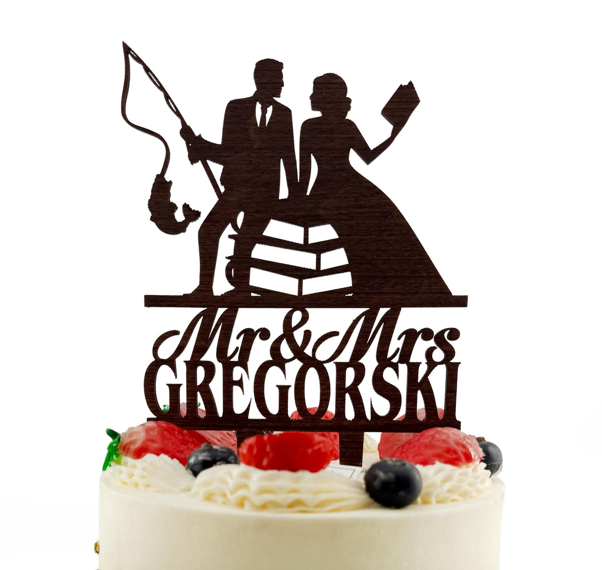 A silhouette of a man and a woman holding a fishing rod and a book, with the text "Mr & Mrs Gregorski" below them.