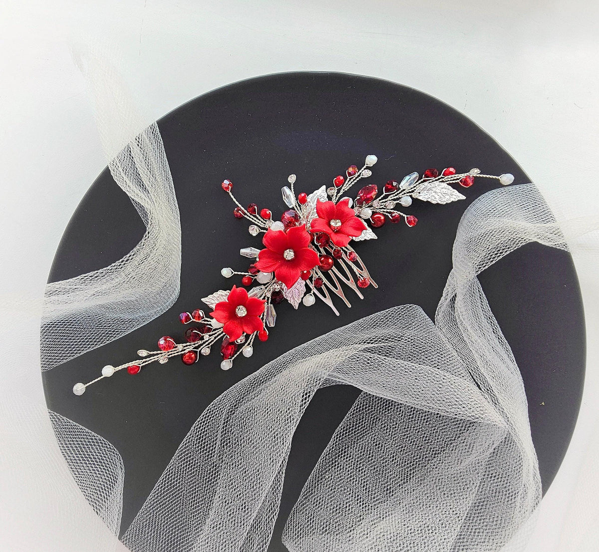 Red Floral Wedding Hair Comb. Elegant Bridal or Prom Hairpiece. Handmade Wedding Accessory for Brides & Bridesmaids