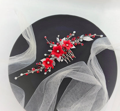 Red Floral Wedding Hair Comb. Elegant Bridal or Prom Hairpiece. Handmade Wedding Accessory for Brides & Bridesmaids