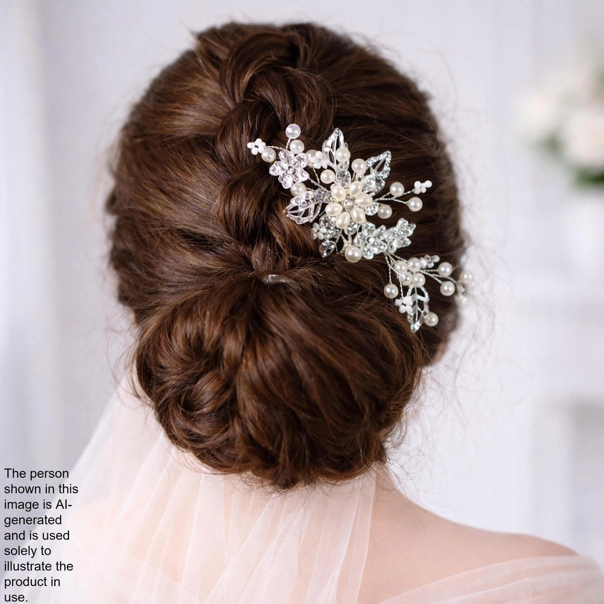 a close-up view of a woman's back, focusing on her hair and a decorative hair accessory.