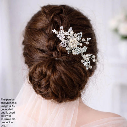 a close-up view of a woman's back, focusing on her hair and a decorative hair accessory.