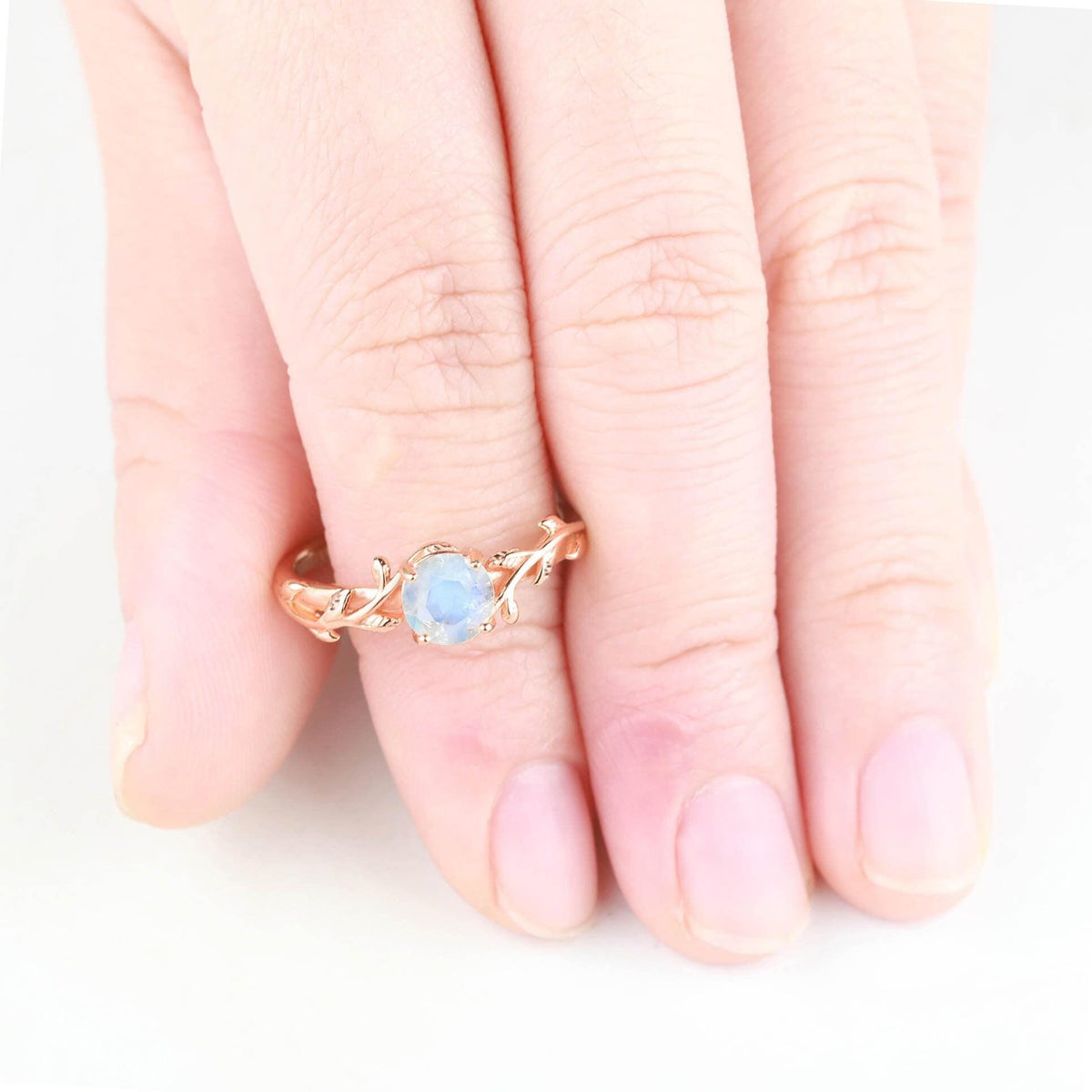 Leaf Moonstone Engagement Ring: Rose Gold Plated Silver Wedding Band