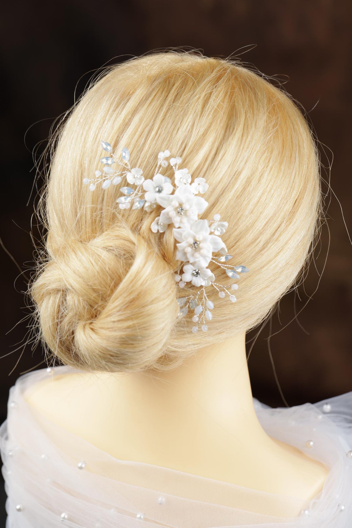 White Floral Bridal Comb, Crystal Porcelain Flower Wedding Hairpiece