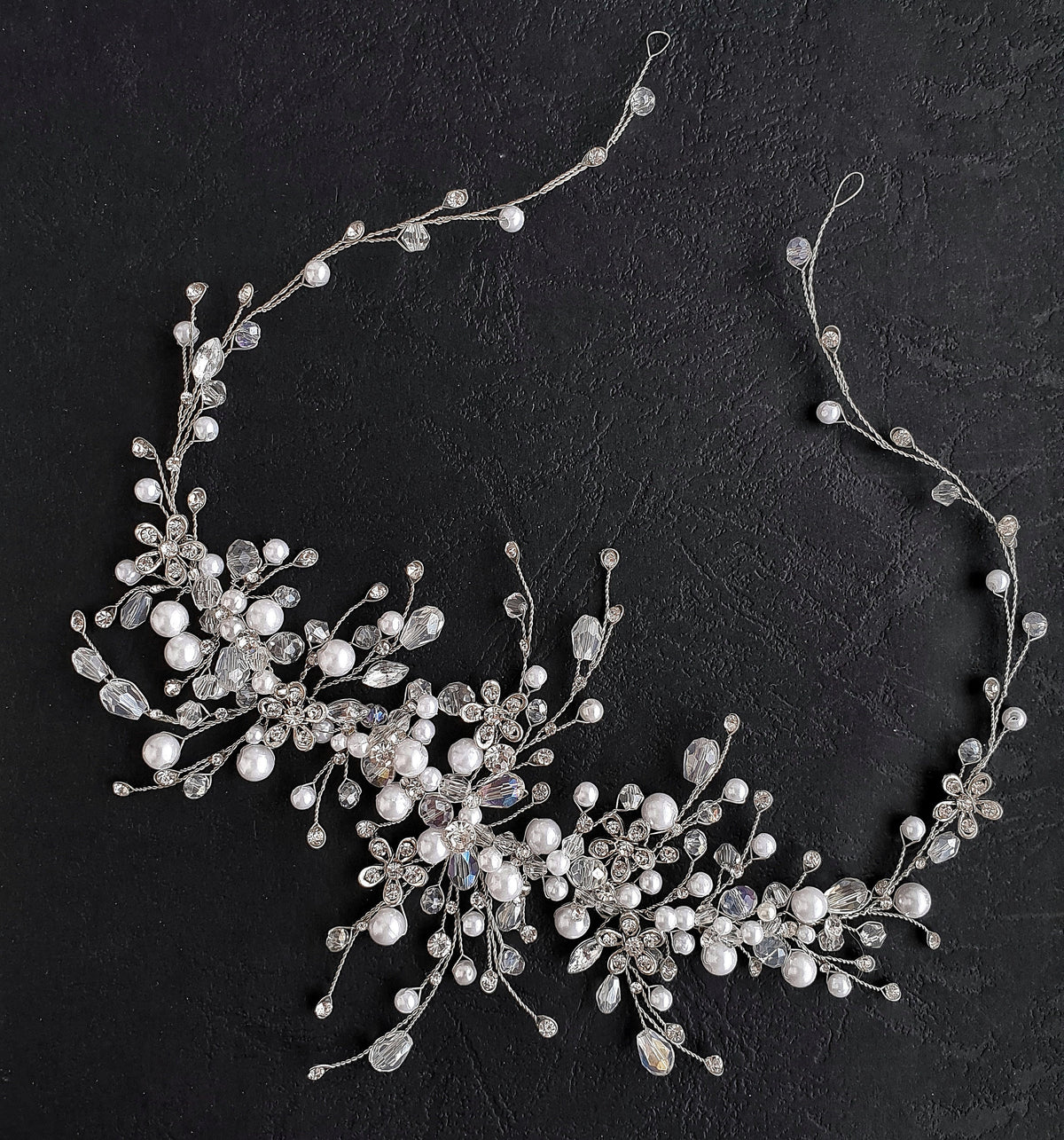 Pearl Crystal Wedding Hair Vine: Silver Bridal Headpiece, 16 Inch