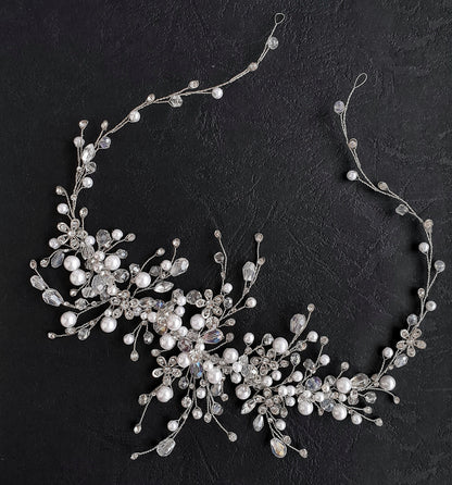 Pearl Crystal Wedding Hair Vine: Silver Bridal Headpiece, 16 Inch