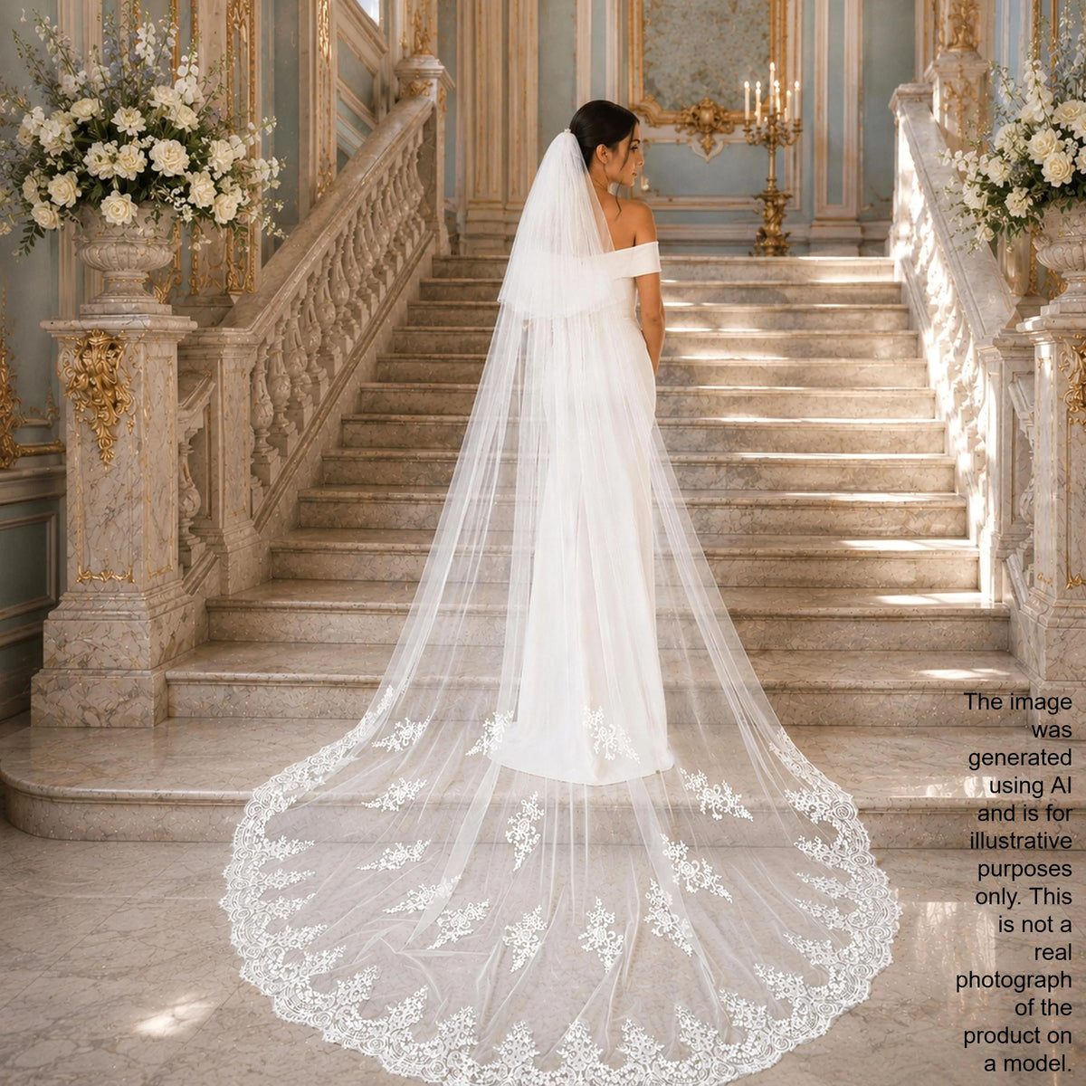 A bride in a white wedding dress with a long, flowing veil stands on a staircase in an ornate, gilded room.