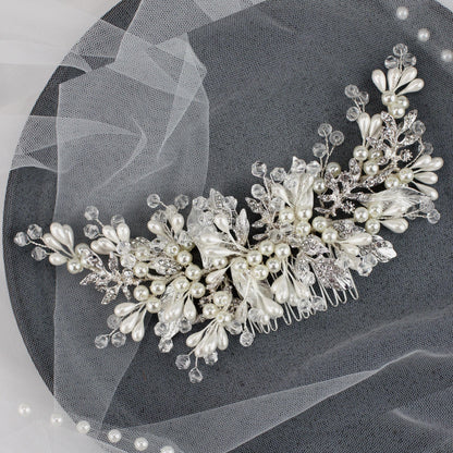 Pearl Floral Bridal Comb, Crystal Wedding Hair Piece, 6 Inch